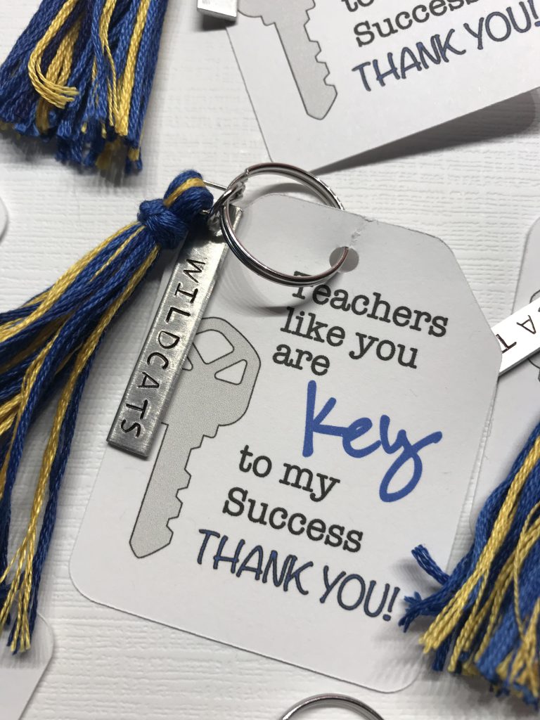 Teacher Appreciation Gift Idea: School-theme keychain with tassel, metal charm, and gift tag.