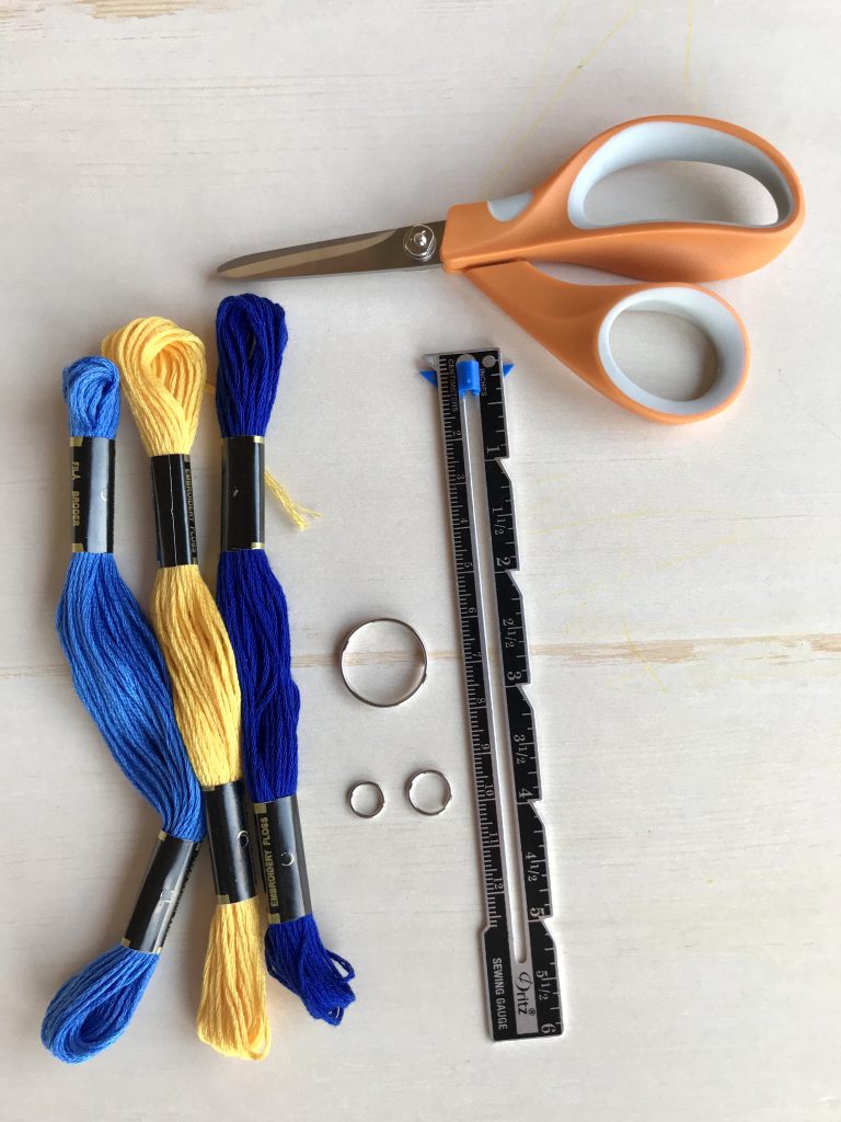 Keychain Tassel Supplies: Split Ring, Jump Rings, Embroidery Floss, Scissors, Ruler, Tapestry needle (not pictured)