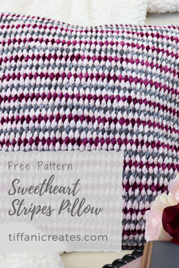 Make your own velvet crochet pillow using this free pattern for the Sweetheart Stripes Pillow. Pin it for later.