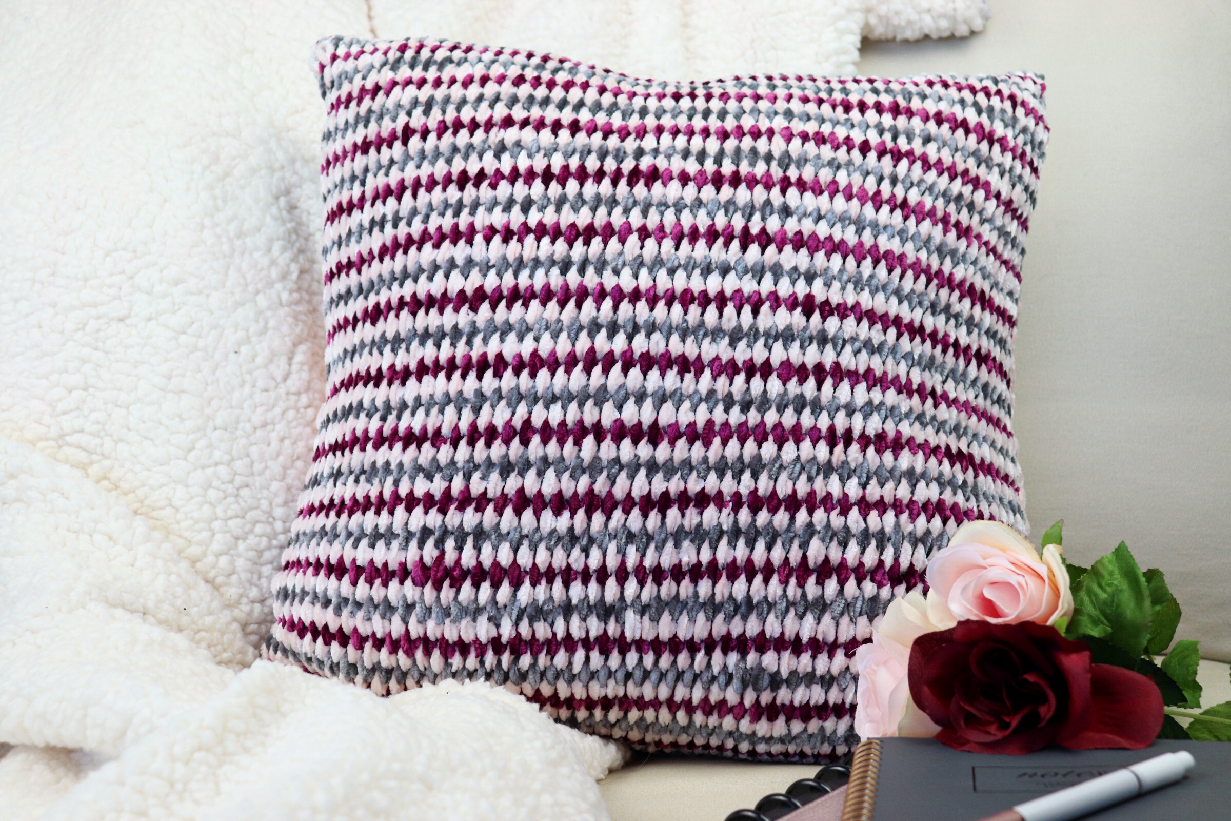 Sweetheart Stripes velvet crochet pillow pattern Tiffani Creates