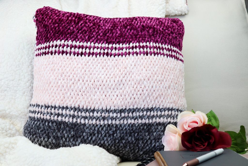 Sweetheart Stripes Pillow - Front
Make your own velvet crochet pillow using this free pattern.  Pin it for later.