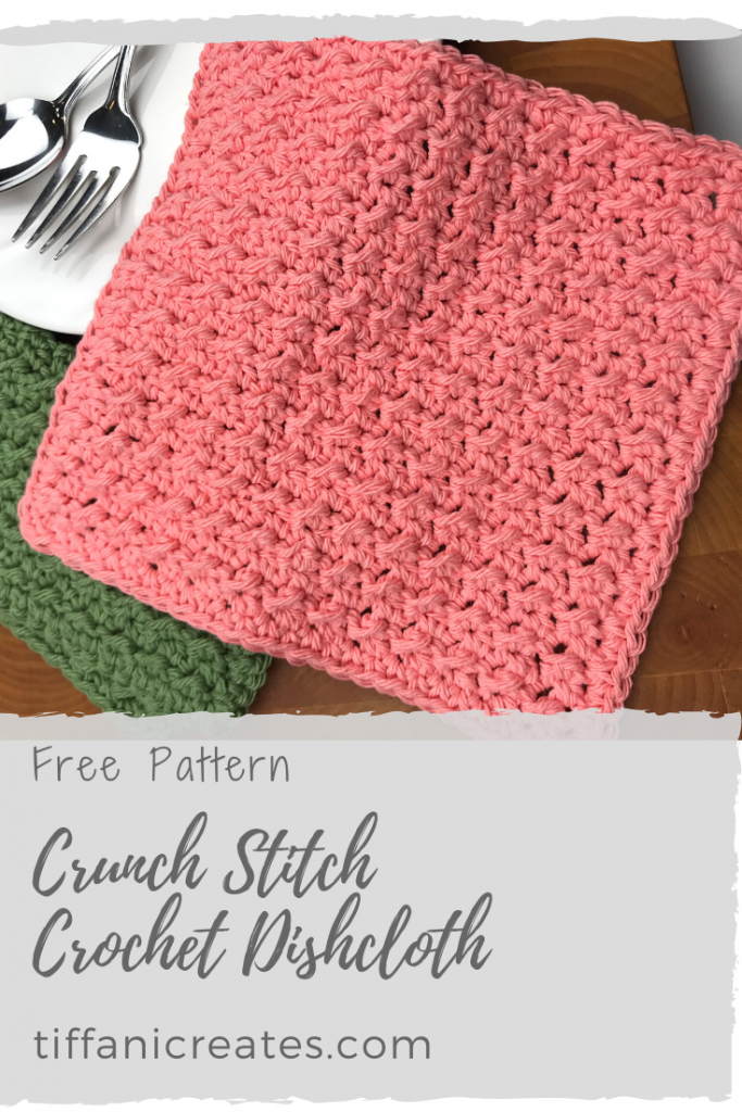 Pin it for Later - Crunch Stitch Crochet Dischloth on display with plate and silverware.